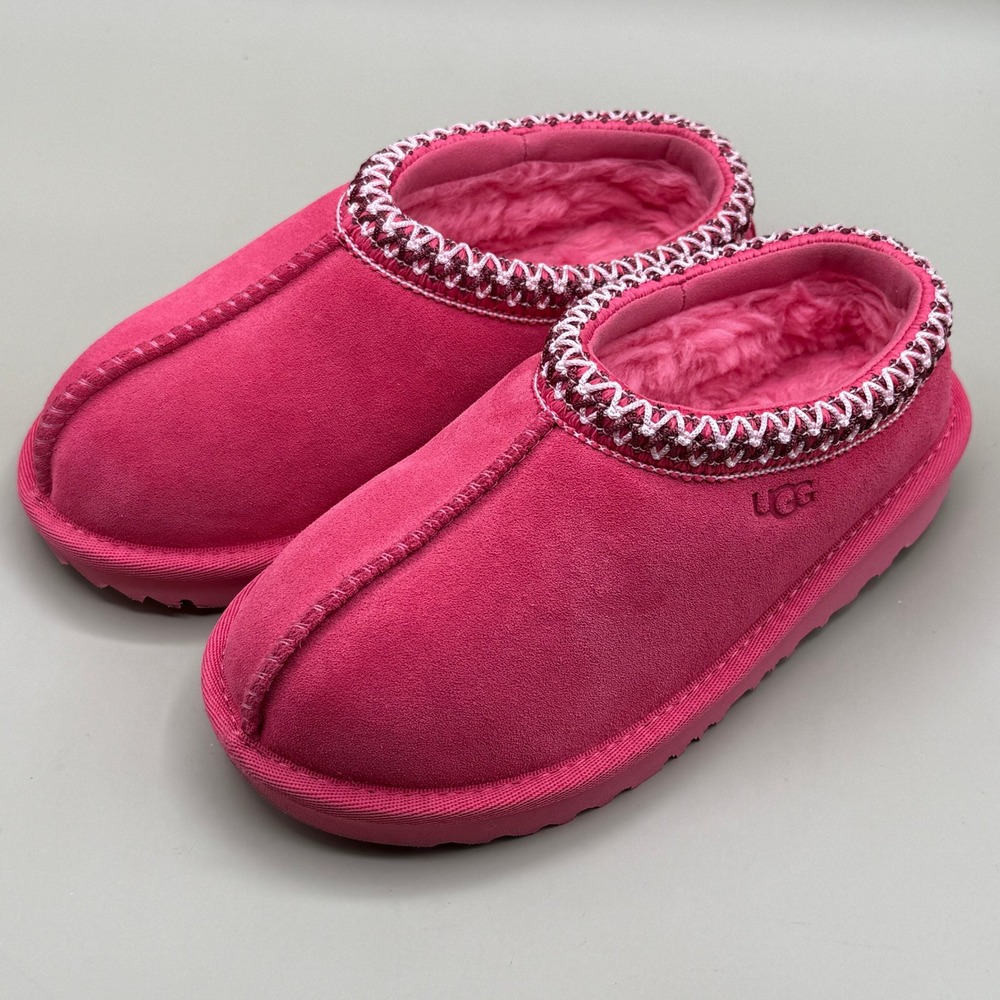 UGG Tasman Pink Suede Sheepskin Lined Slippers Kids Size 11 Slip On Shoes READ